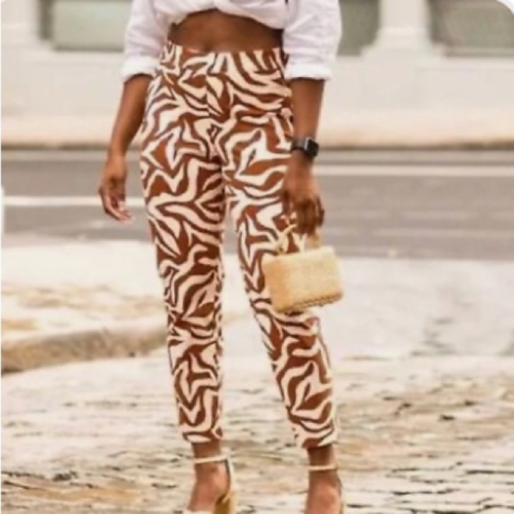 NWOT SPANX On-the-go Animal Printed Slim Straight Leg Pants Brown Zebra Size XL